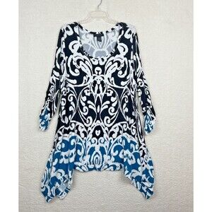 Grace Elements Women 2X Top Blouse Rayon Blend  Teal White Geometric